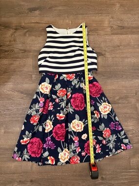 Moulinette Soeurs Navy Striped Bodice with Pink & Cream Floral Skirt Midi Dress